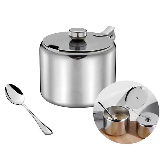 Imagem de Açucareiro de Mesa Aço Inox com Colher Em Casa Tem 8x6cm