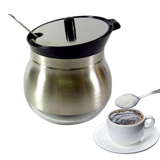 Imagem de Açucareiro em Vidro Inox com Colher e Tampa de Plástico