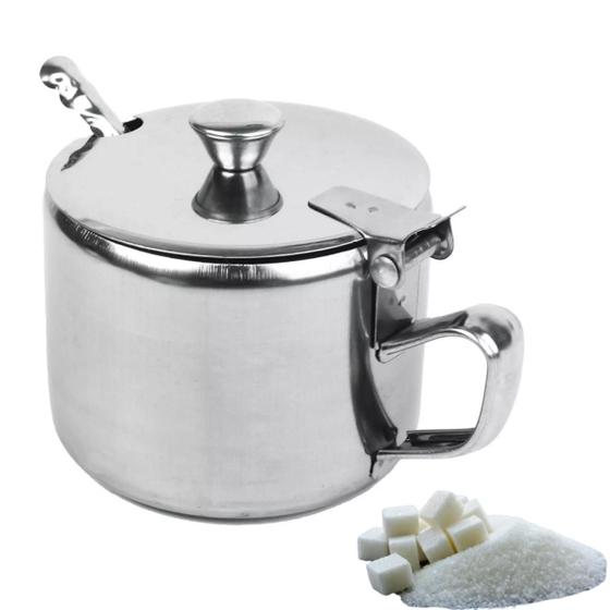 Imagem de Açucareiro Inox Metálico Com Colher Alça 450ml Fecha e Abre Porta Condimento Pequeno 10cm Prateado