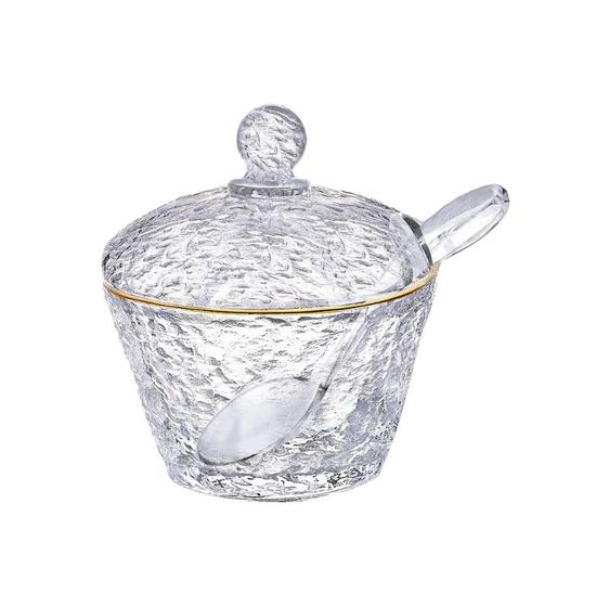 Imagem de Açucareiro Petra em Cristal com Colher eTampa com Borda Dourada 10cm - Lyor