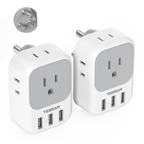 Imagem de Adaptador de Plugue TESSAN EUA para Índia - 4 Tomadas AC + 3 USB