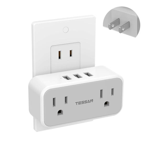 Imagem de Adaptador de saída TESSAN US para o Japão com 2 saídas, 3 USB, cinza