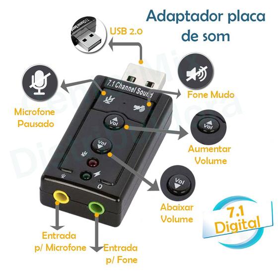 ADAPTADOR DE SOM USB 7.1 Adaptador Fone e Microfone P2 Interface Menor preço em ADAPTADOR DE SOM USB 7.1 Adaptador Fone e Microfone P2 Interface