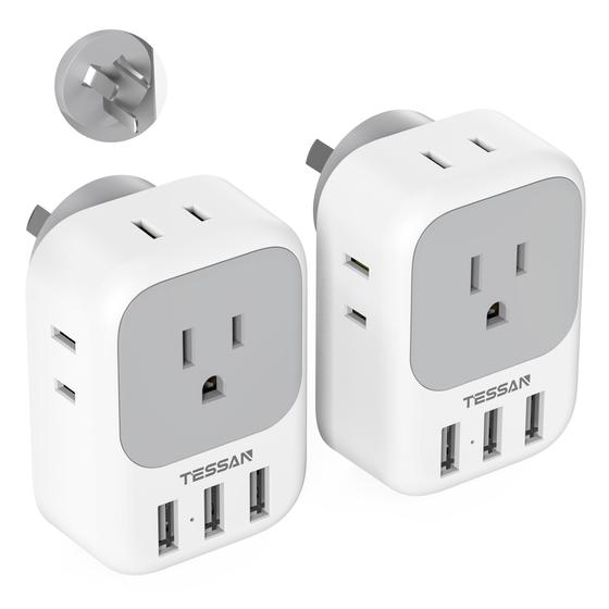 Imagem de Adaptador de Tomada TESSAN EUA para Austrália - 4 Tomadas e 3 USB
