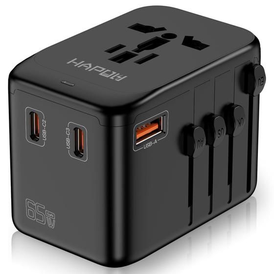 Imagem de Adaptador de Viagem HAPOW Universal GaN 65W - 3 USB-C e 1 USB-A