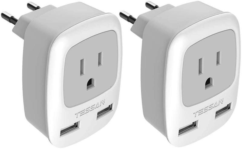 Imagem de Adaptador de viagem TESSAN tipo C com 2 USB para Europa, pacote com 2 unidades