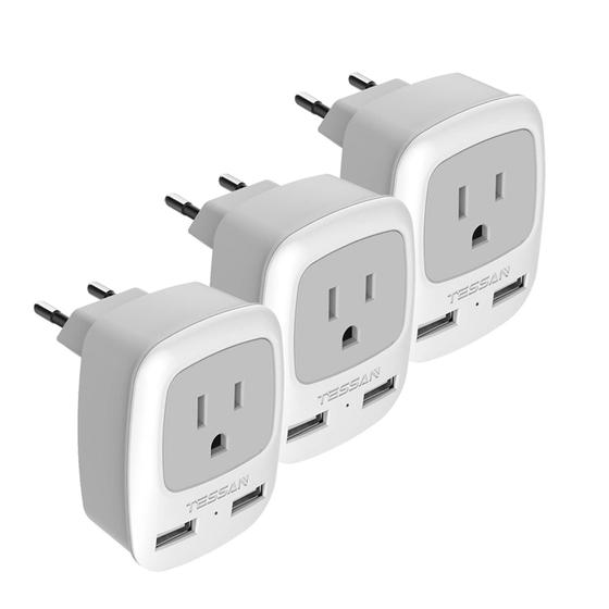Imagem de Adaptador de Viagem TESSAN Tipo C com 2 USB para Europa - Pacote com 3