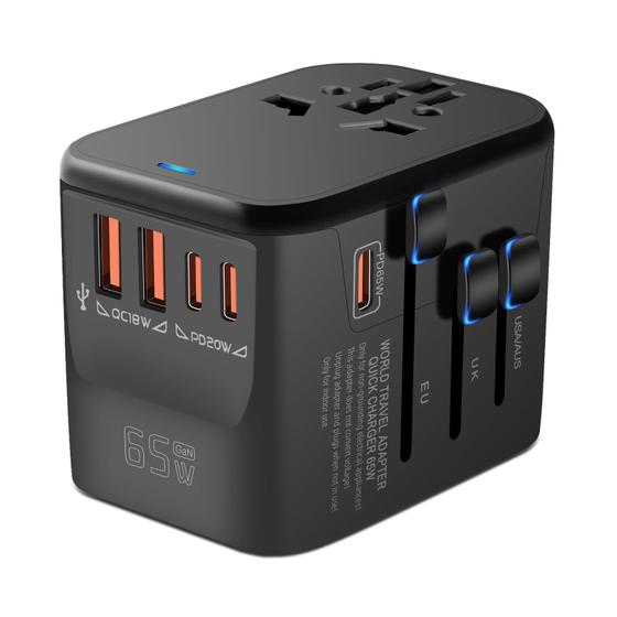 Imagem de Adaptador de Viagem Universal MINGTONG GaN 65W - 3 Portas USB-C PD e 2 Portas QC