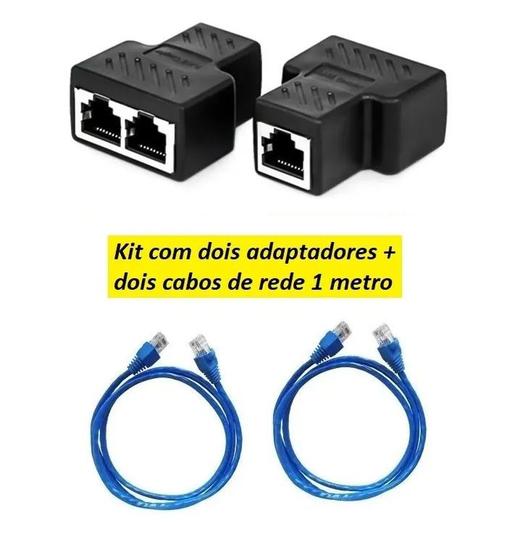 Imagem de Adaptador Duplicador Cabo De Rede Rj45 Fêmeas LAN Internet + 2x Cabos de Rede 1 Metro Montado