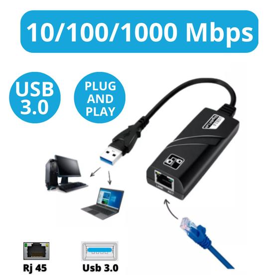 Imagem de Adaptador Ethernet Usb 3.0 Rj45 Rede Gigabit 10/100/1000cabo