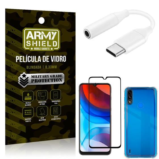 Imagem de Adaptador Fone Tipo C para P2 Moto E7 Power + Capinha + Película 3D - Armyshield