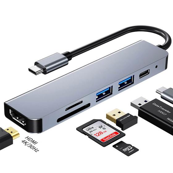 Imagem de Adaptador Hub 6 em 1 Tipo C 4K Hdmi Usb Sd Tf