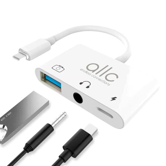 Imagem de Adaptador Hub Lightning Áudio P2 OTG USB Entrada para Carregador Compatível com iPhone iPad