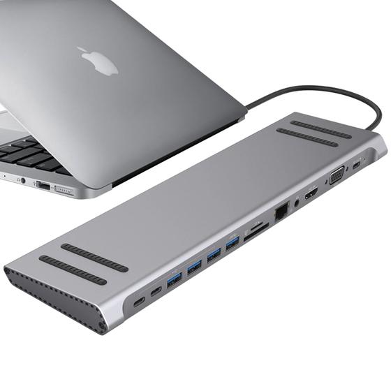 Imagem de Adaptador Hub Macbook Tipo-C 13em1 HDMI 4K Ethernet RJ45 USB-C VGA e Áudio 3.5 para Fone