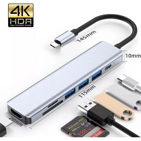 Imagem de Adaptador Hub Para Mac book Air M1 M2 Dex Computador Ou Celular 7 Em 1 OTG Extensão 5 Gbps Hdmi 4k Usb-c Pd Cartão Sd