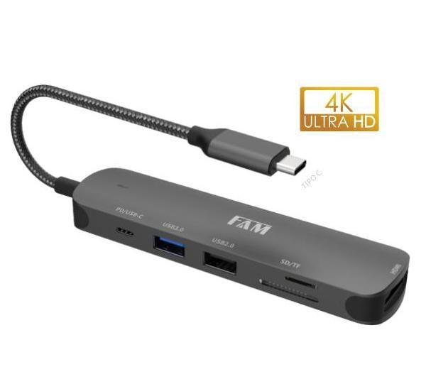 Imagem de Adaptador Hub Usb + HDMI 4K - Hub Tipo-C Usb 3.0  SD - Hub 6 em 1 FAM