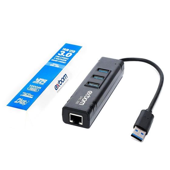 Imagem de Adaptador PLaca de Rede Gigabit + Hub Usb 3 Portas Usb 3.0 Exbom Uhl-300