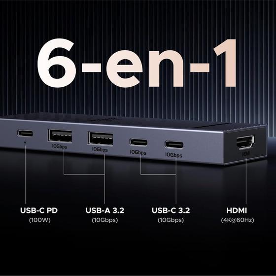Imagem de Adaptador Usb C 3.2 E Usb-A 3.2 Hub 10Gbps Gen2 Dock Station