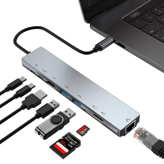 Imagem de Adaptador USB C Hub 8 em 1 multiportas tipo C com porta HDMI 4K