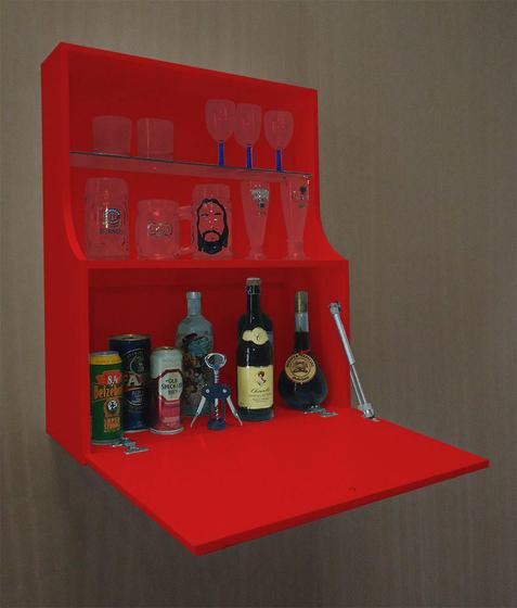Imagem de Adega Mini Bar Armário Suspenso para Bebidas Copos e Taças Porta Basculante - Vermelho Laca