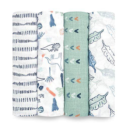 Imagem de aden + anais Essentials Swaddle Blanket, Cobertores de Musselina para Meninas & Meninos, Baby Receiving Swaddles, Presentes recém-nascidos, itens de chuveiro infantil, conjunto de swaddling wearable, 4 Pk, Dinotime