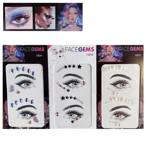 Imagem de Adesivo Autocolante para Olhos Unha Cabelo e Rosto Face Jewels Carnaval e Festas - 3 Cartelas Sortidas