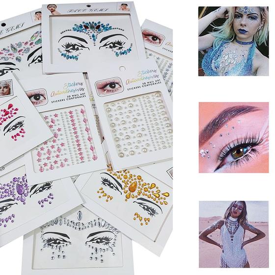 Imagem de Adesivo Autocolante  para Rosto e Olhos: Strass Colorido Stickers Face Jewels Carnaval e Festas - 2 Cartelas Sortidas