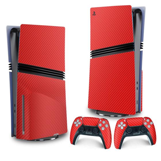 Imagem de Adesivo Compatível PS5 Pro Skin Vertical Fibra de Carbono Vermelho