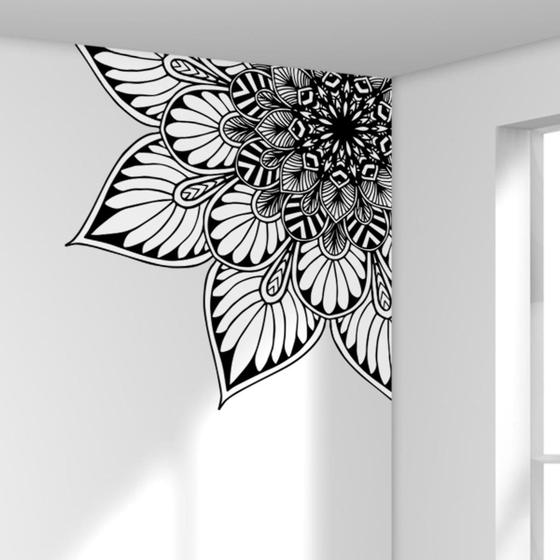 Adesivo de Parede 69x69cm Mandala De Canto Flor Preta e Branca Menor preço em Adesivo de Parede 69x69cm Mandala De Canto Flor Preta e Branca