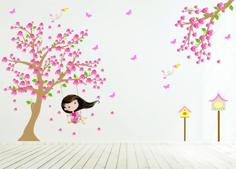 Imagem de Adesivo de Parede Árvore Menina no Balaço Flôr de Cerejeira