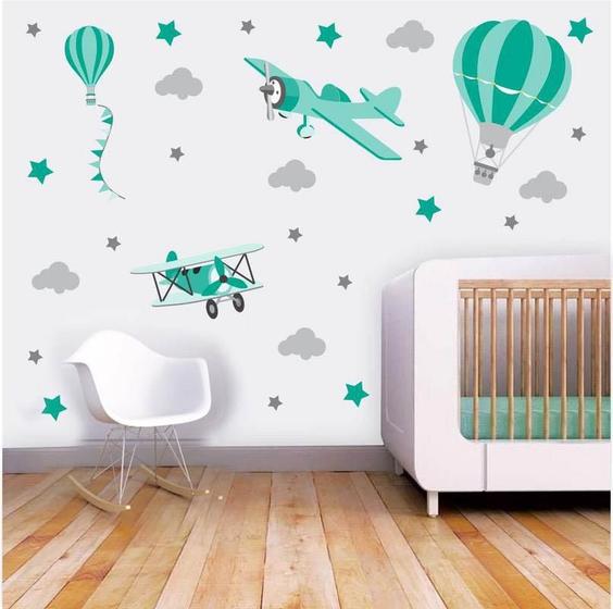 Imagem de Adesivo De Parede Decoração Infantil Aviões Balões Verde