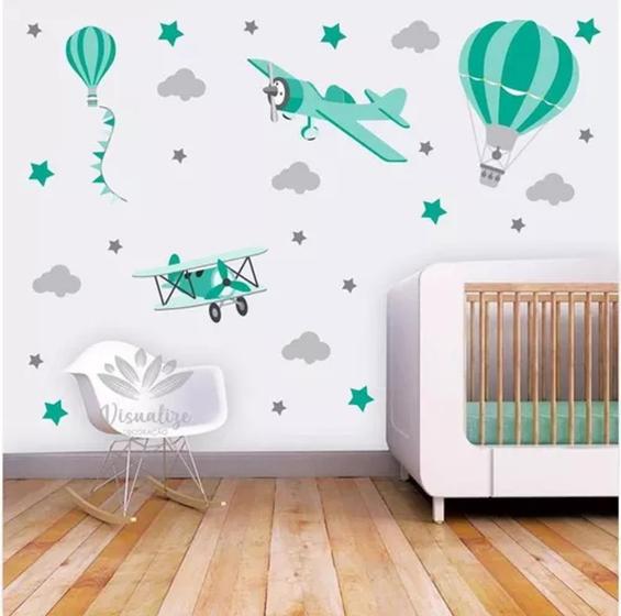 Imagem de Adesivo De Parede Decoração Infantil Aviões E Balões Verde