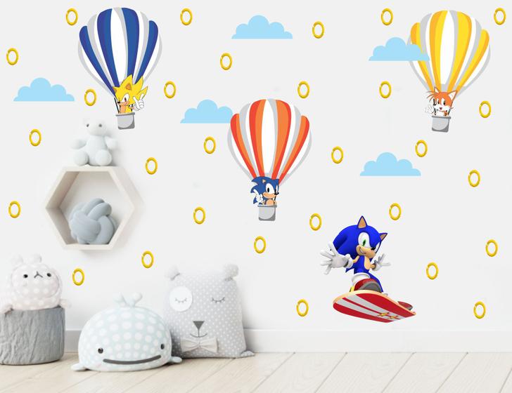 Imagem de adesivo de parede decoração infantil sonic balões skate