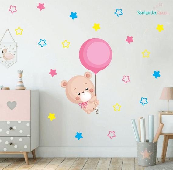 Imagem de adesivo de parede decoração meninas ursinha balão estrelas