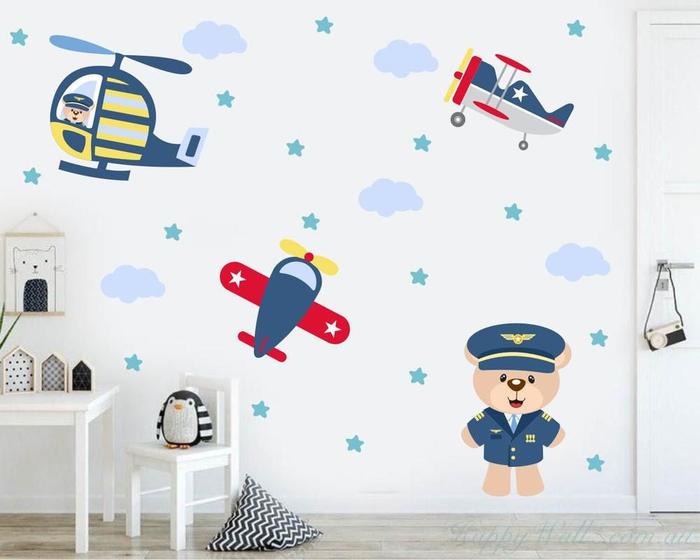 Imagem de Adesivo De Parede Decoração Meninos Urso Piloto Avião