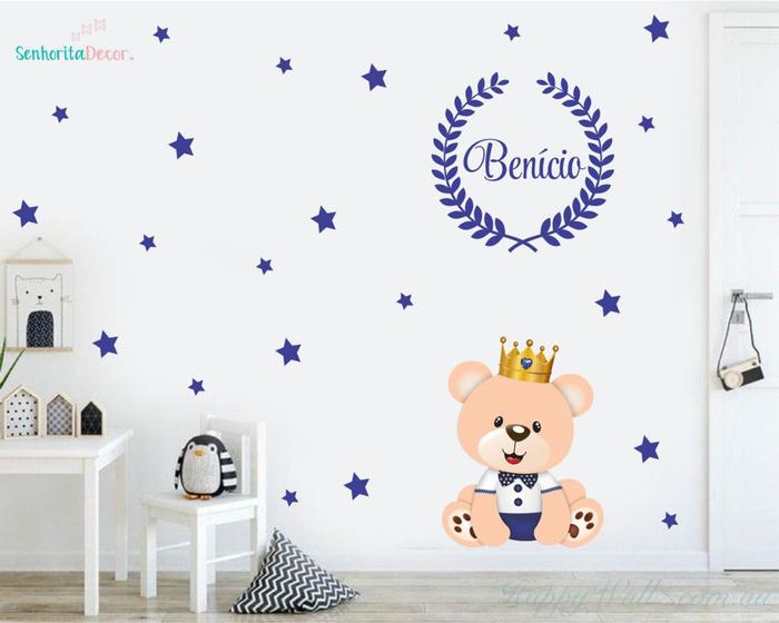 Imagem de adesivo de parede decoração quarto de meninos urso rei azul