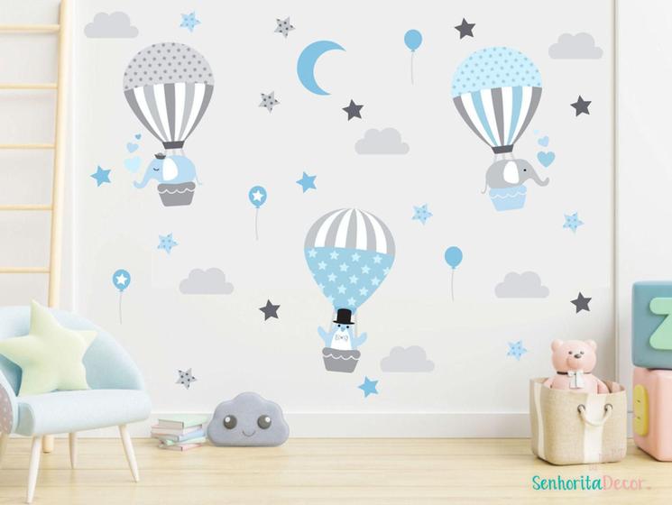 Imagem de adesivo de parede elefante balão lua nuvens quarto menino - Senhorita Decor