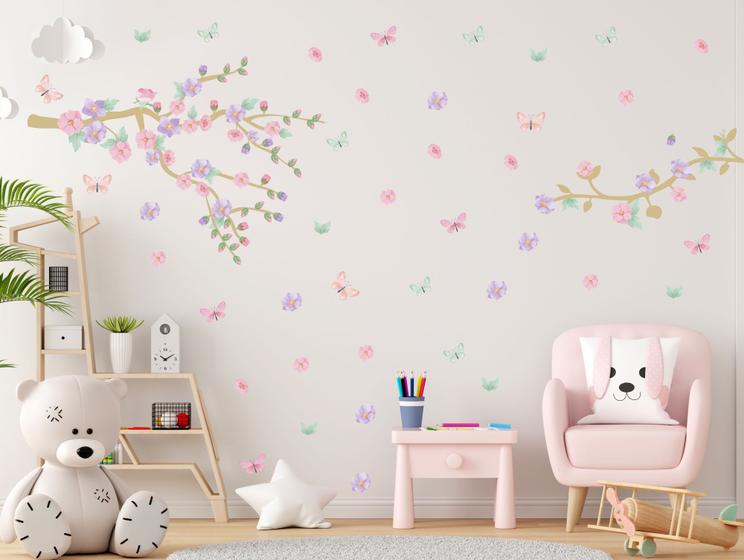 Imagem de adesivo de parede galhos e folhas aquarela borboletas