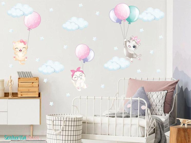 Imagem de adesivo de parede gatinhas balões bexigas aquarela - Senhorita Decor