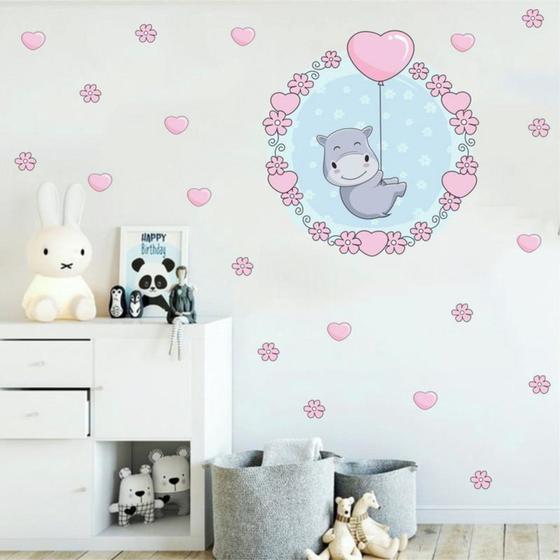 Imagem de Adesivo de parede hipopótamo kit coração flor