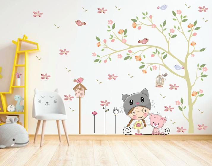 Adesivo de Parede Infantil Menina Gatinho e Árvore - Colakoala Adesivos ...