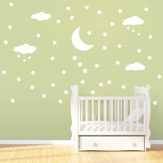 Imagem de Adesivo de Parede Infantil Nuvens Lua e Estrelas Branco