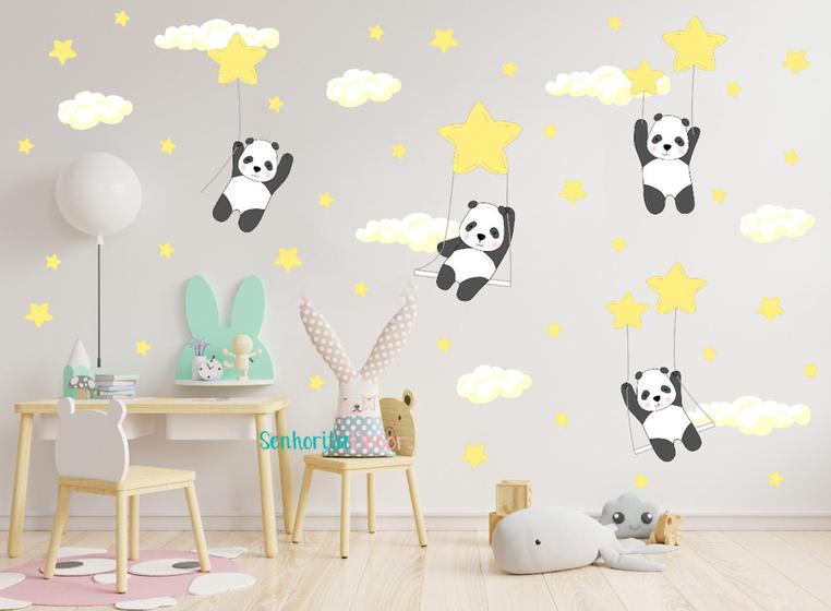 Imagem de Adesivo De Parede Panda Balanço Estrelas Rosa Bebê