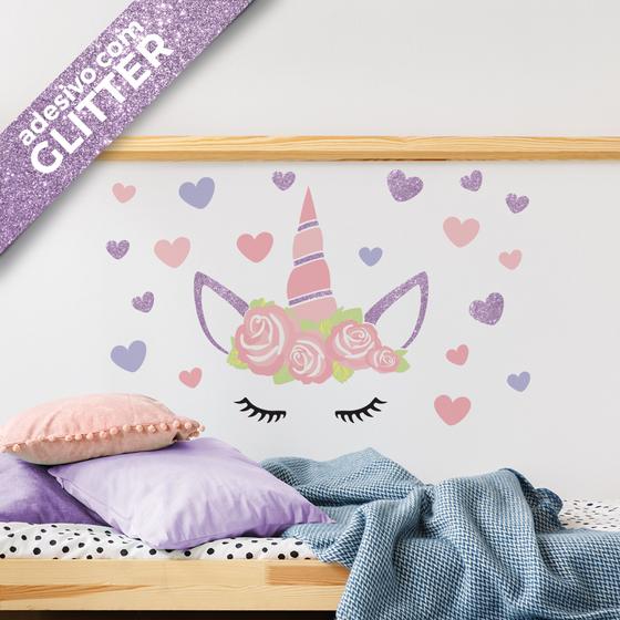 Imagem de Adesivo de Parede Unicórnio com Glitter para Quarto de Menina
