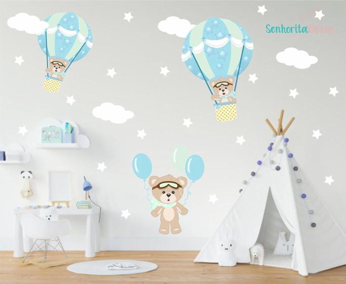 Imagem de Adesivo De Parede Urso Balão Nuvem Estrela Bexiga Azul Menino - senhorita decor