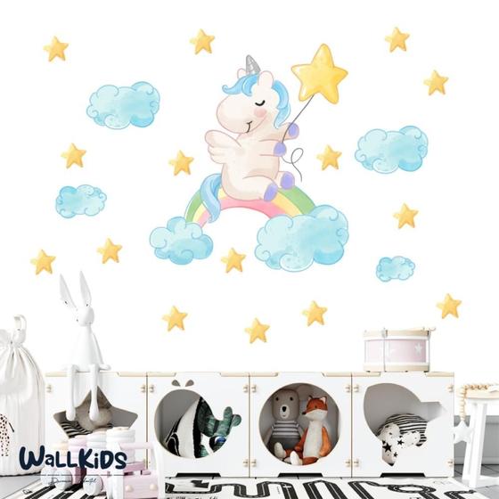 Imagem de Adesivo kit infantil unicórrnio fofo arco-íris e estrelas