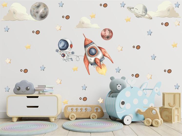 Imagem de Adesivo Parede Astronauta Foguete Planetas Estrelas Nuvens