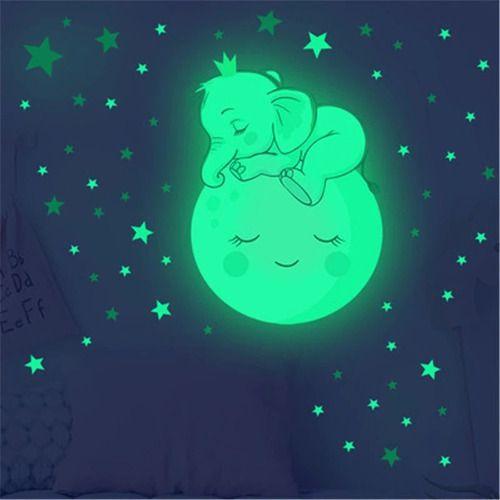 Imagem de Adesivos Brilham no Escuro Fosforescente Elefante, Lua, Estrelas - Decoração Quarto Infantil