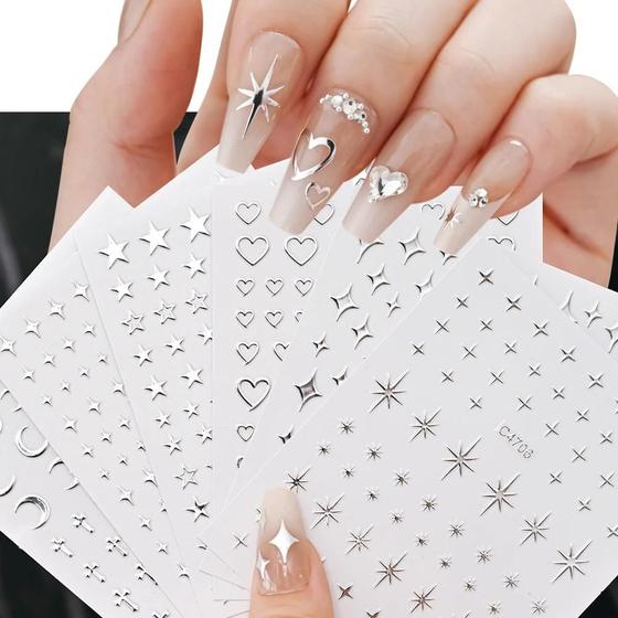 Imagem de Adesivos Metálicos 3D para Unhas - Estrelas, Corações e Corrente - 6 Folhas