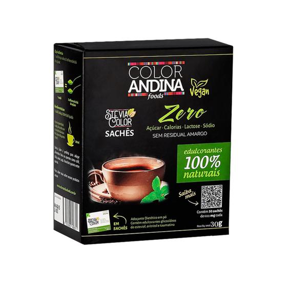 Imagem de Adoçante Vegano Stevia em pó Color Andina 50 sachês de 600 mg